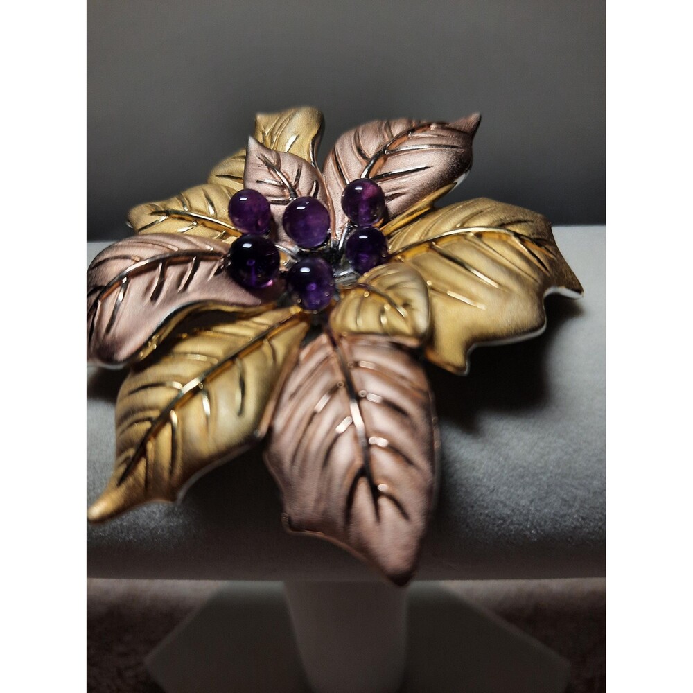 Amethyst leaf pendant in sterling silver with 14k yellow rose gold plating BIG